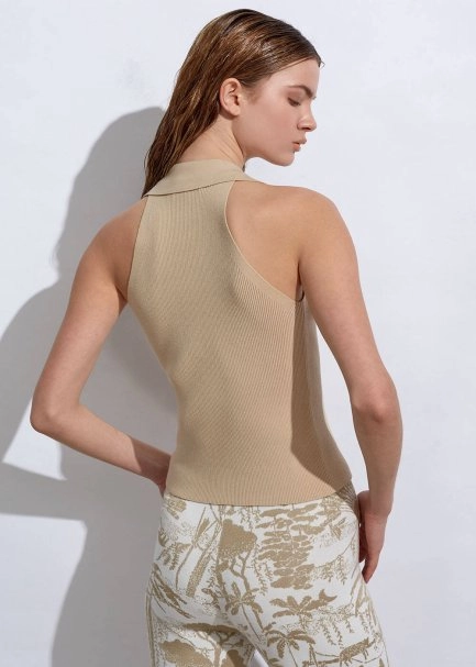 Polo Yaka Dar Kesim Bej Triko Üst - 5