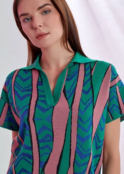 Desenlı Polo Yaka Triko Elbise - 5