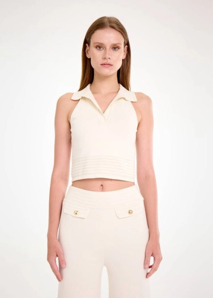 Polo Yaka Ekru Crop Triko Üst - 1