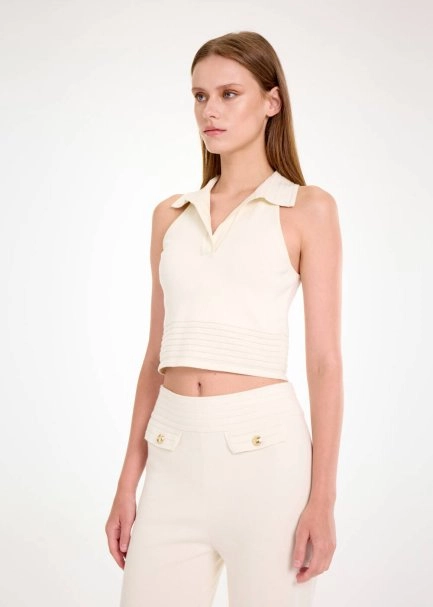 Polo Yaka Ekru Crop Triko Üst - 3