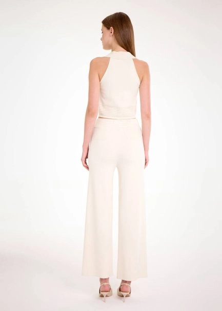 Polo Yaka Ekru Crop Triko Üst - 5