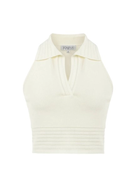 Polo Yaka Ekru Crop Triko Üst - 6