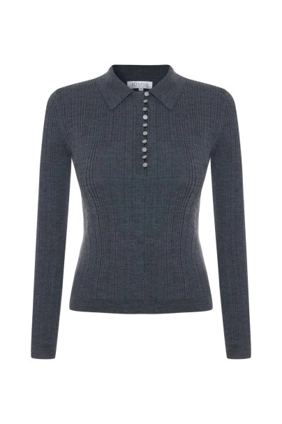 Polo Yaka Extrafıne Merino Yün Karışımlı Triko Koyu Gri - 6