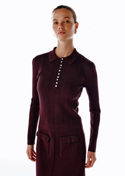 Polo Yaka Extrafıne Merino Yün Karışımlı Triko Mürdüm - 4