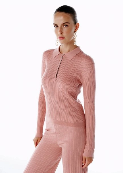 Polo Yaka Extrafıne Merino Yün Karışımlı Triko Pembe - 4