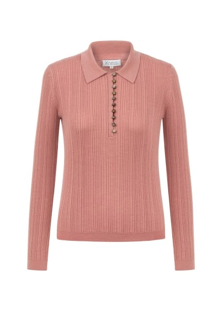 Polo Yaka Extrafıne Merino Yün Karışımlı Triko Pembe - 6