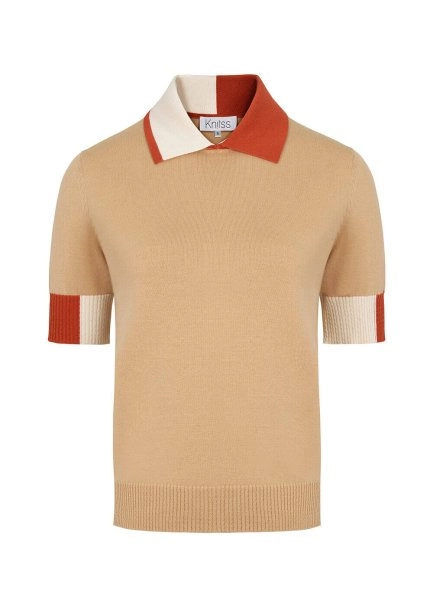 Polo Yaka Kontrast Detaylı Camel Triko Üst - 6