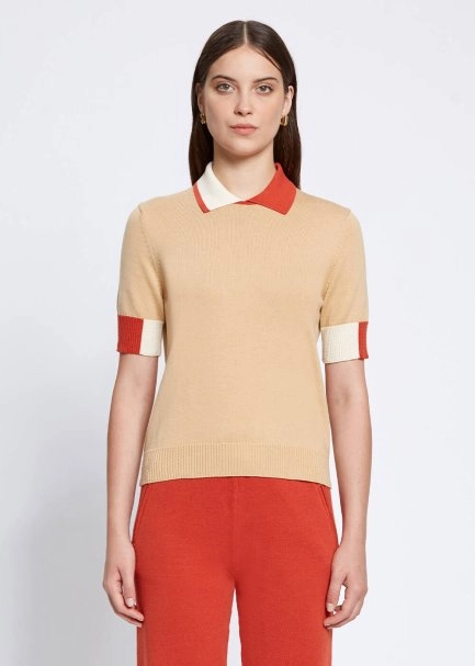 Polo Yaka Kontrast Detaylı Camel Triko Üst - 1