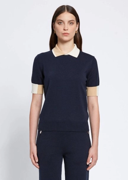 Polo Yaka Kontrast Detaylı Lacivert Triko Üst - 1