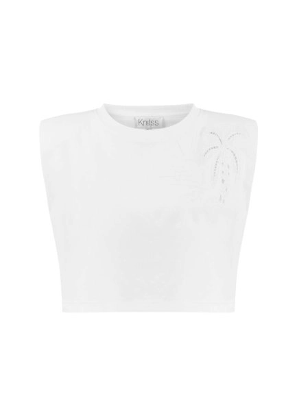 PURE COTTON PALM EMBROIDERIED WHITE T-SHIRT - 6