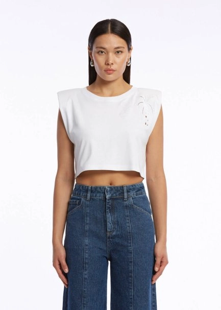 PURE COTTON PALM EMBROIDERIED WHITE T-SHIRT - 1