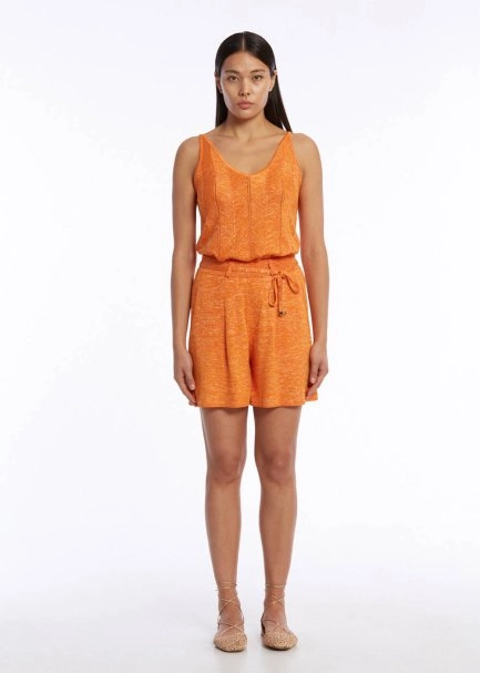 Rahat Kesim Pileli Turuncu Triko Şort - 2