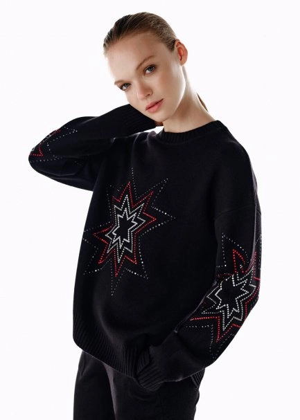 Renkli Yıldız Desenli Merino Yün Triko Siyah - 3