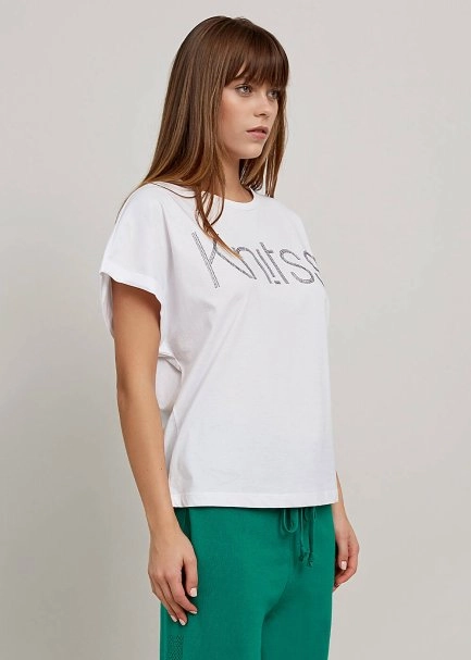 Rhinestone Logolu Beyaz T-Shirt - 4