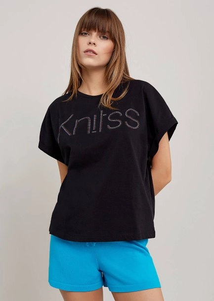 Rhinestone Logolu Siyah T-Shirt - 1