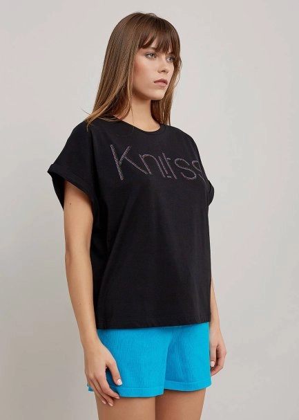 Rhinestone Logolu Siyah T-Shirt - 4