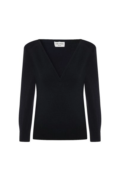 Rib Detail Deep V-neckline Black Sweater - 6