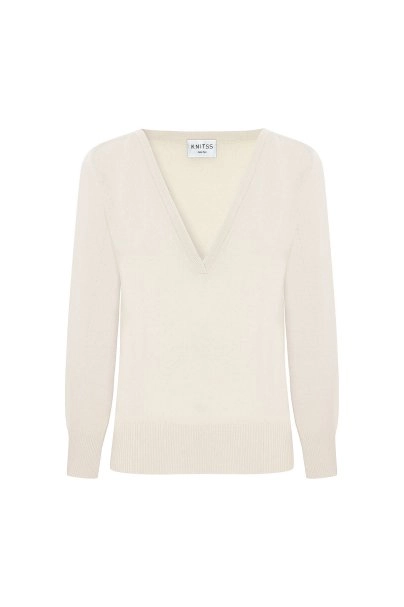 Rib Detail Deep V-neckline Ecru Sweater - 6