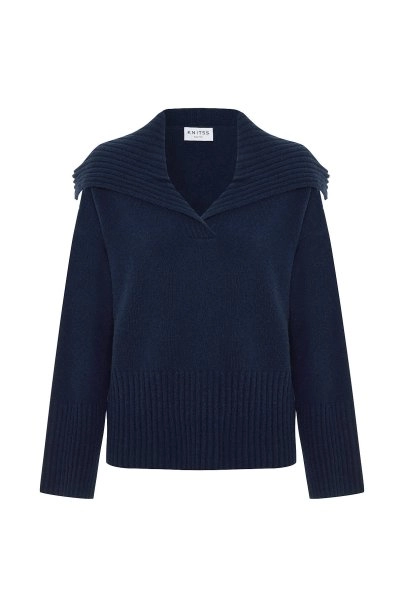 Rib Detail Navy Cashmere Sweater - 6