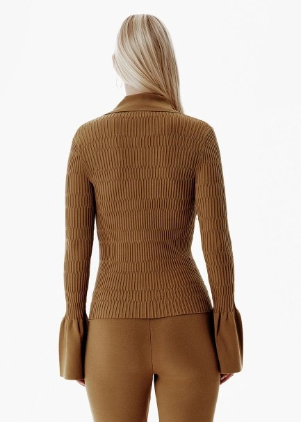 Rib Knit Flare Sleeve Green Fitted Shirt - 5