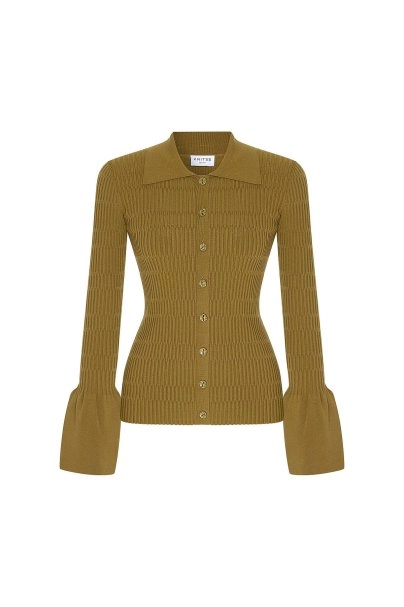 Rib Knit Flare Sleeve Green Fitted Shirt - 6