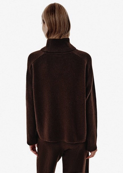 Rib Knit Roll-Neck Coffee Oversıze Cashmere Sweater - 5