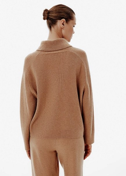 Rib Knit Roll-Neck Toffee Oversıze Cashmere Sweater - 5
