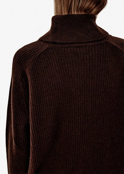 Rib Örgü Roll-Neck Koyu Kahverengi Oversıze Kaşmir Triko - 4