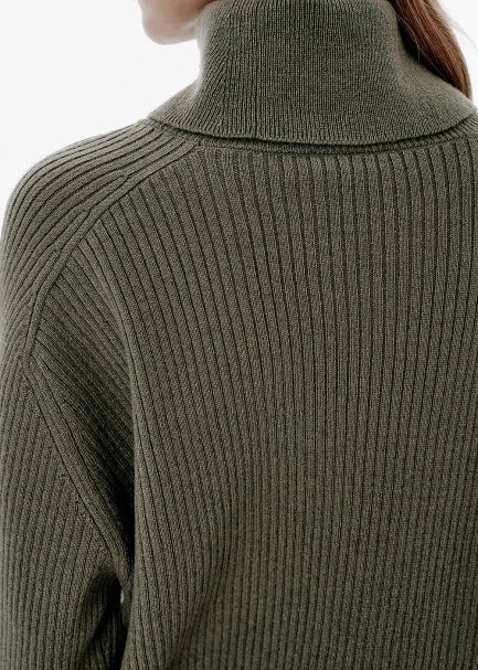 Rib Örgü Roll-Neck Yeşil Oversıze Kaşmir Triko - 3