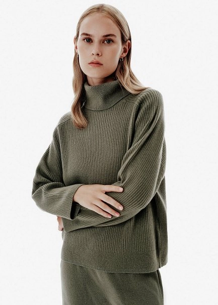 Rib Örgü Roll-Neck Yeşil Oversıze Kaşmir Triko - 4