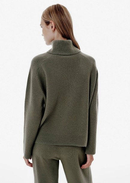 Rib Örgü Roll-Neck Yeşil Oversıze Kaşmir Triko - 5
