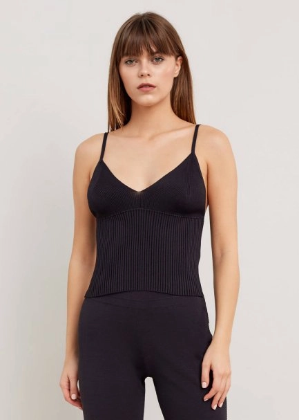 Ribbed Black Knit Top - 1