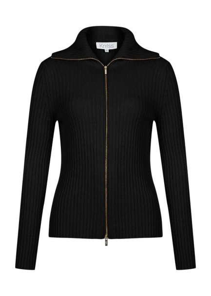 RIBBED BLACK MERINO KNIT CARDIGAN - 8