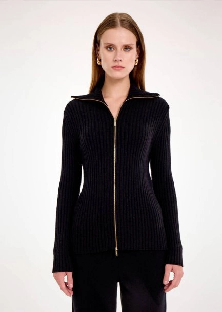RIBBED BLACK MERINO KNIT CARDIGAN - 1