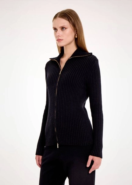 RIBBED BLACK MERINO KNIT CARDIGAN - 4