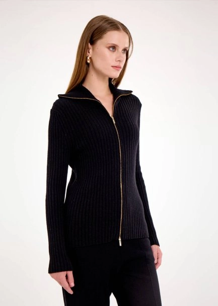 RIBBED BLACK MERINO KNIT CARDIGAN - 5