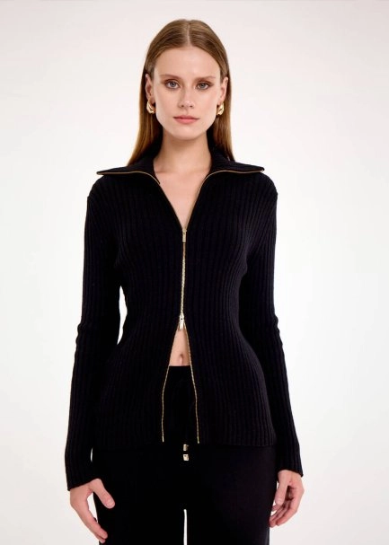 RIBBED BLACK MERINO KNIT CARDIGAN - 3