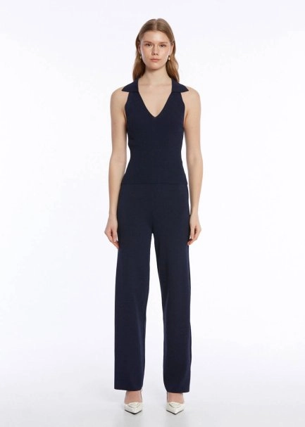 RIBBED DETAILED NAVY KNIT PANTS - 1