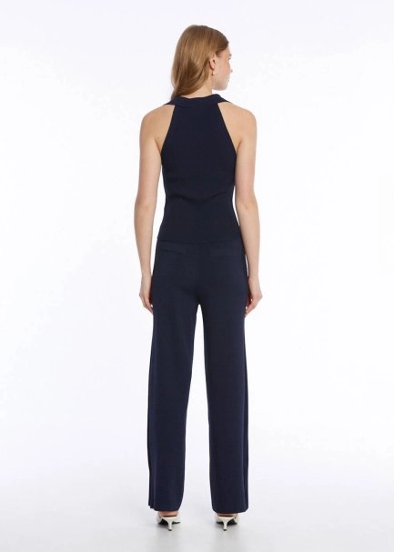 RIBBED DETAILED NAVY KNIT PANTS - 5