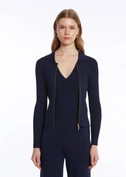 RIBBED NAVY KNIT CARDIGAN - 1