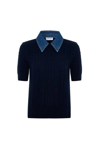 Saç Örgü Denim Yaka Lacivert Triko Üst - 6