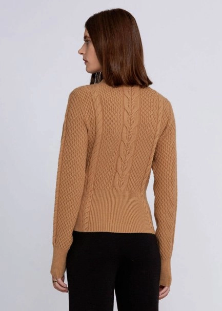 Saç Örgü Desenli Camel Yuvarlak Yaka Triko - 3