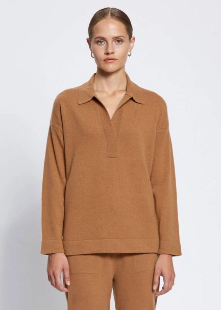 Saç Örgü Detaylı Polo Yaka Camel Kaşmir Triko - 1