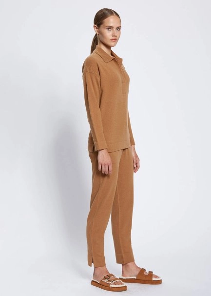 Saç Örgü Detaylı Polo Yaka Camel Kaşmir Triko - 3