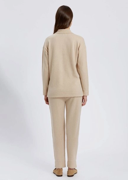 Saç Örgü Detaylı Polo Yaka Krem Rengi Kaşmir Triko - 5