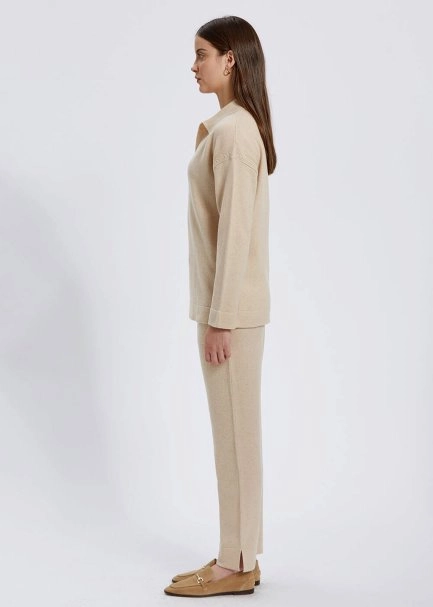 Saç Örgü Detaylı Polo Yaka Krem Rengi Kaşmir Triko - 4