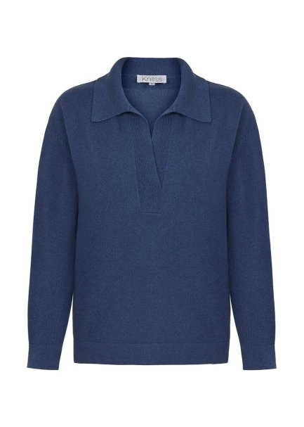 Saç Örgü Detaylı Polo Yaka Mavi Kaşmir Triko - 6