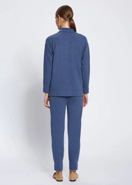 Saç Örgü Detaylı Polo Yaka Mavi Kaşmir Triko - 4