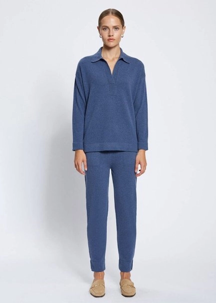 Saç Örgü Detaylı Polo Yaka Mavi Kaşmir Triko - 5