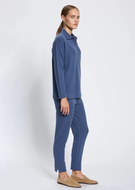 Saç Örgü Detaylı Polo Yaka Mavi Kaşmir Triko - 3